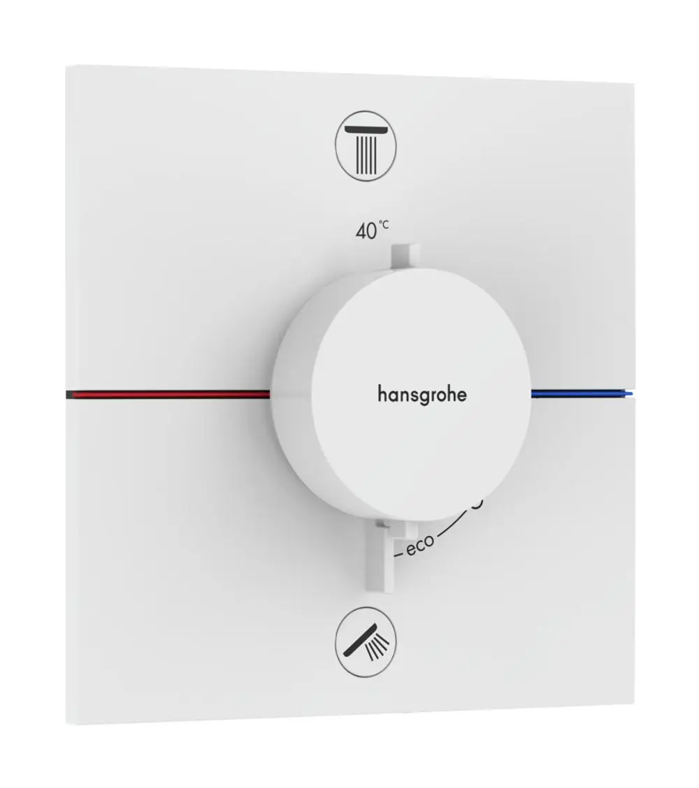 Thermostat für Dusche, weiß mit einem zentralen Regler. Anzeigen für Temperatur und Funktionen. Hansgrohe-Logo sichtbar. Entwurf für zwei Wasserverbraucher.